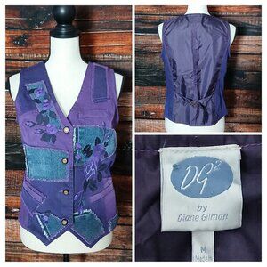 DG2 Diane Gilman Denim Vest Size M Purple Patchwork Embroidered Button Up Boho